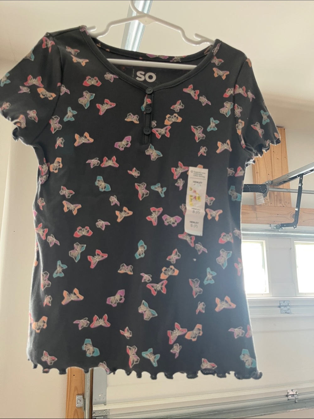 SO Black Short Sleeve Tee with Colorful Butterfly Print